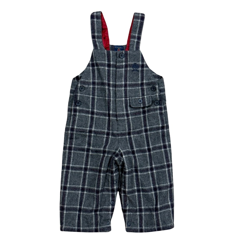 Tommy Hilfiger Vintage Wool Plaid Overalls Grey Burgundy Check Baby 6-12M